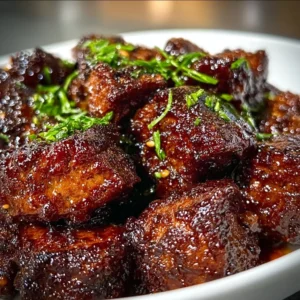 Delicious sweet and sticky steak bites appetizer served at a party.