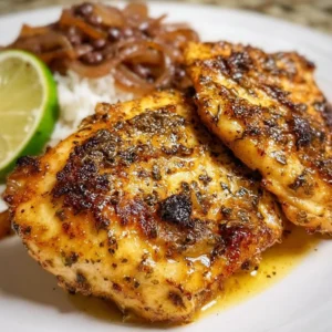 Plate of delicious Cuban chicken garnished with herbs and served with rice