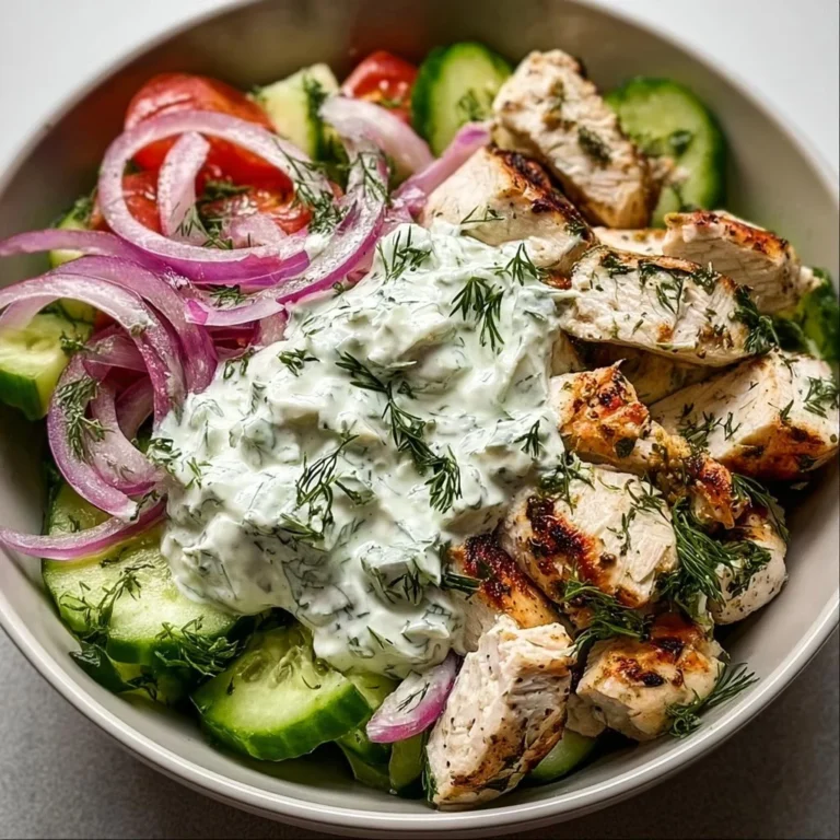 Delicious Tzatziki Chicken Salad served in a bowl with fresh vegetables.