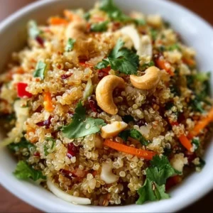 Colorful Thai quinoa salad with fresh vegetables and herbs for a nutritious meal.