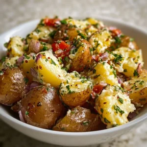 Zesty potato salad served in a bowl with fresh herbs and vegetables